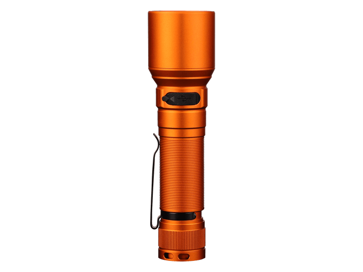 Orange Fenix C7 rechargeable LED flashlight on a black background