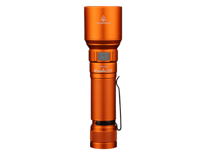 Orange Fenix C7 rechargeable LED flashlight with a brand logo on a black background