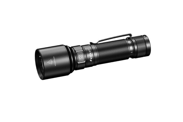 A black Fenix C7 rechargeable LED flashlight with a cylindrical shape, featuring a tail switch and a body switch near the center.