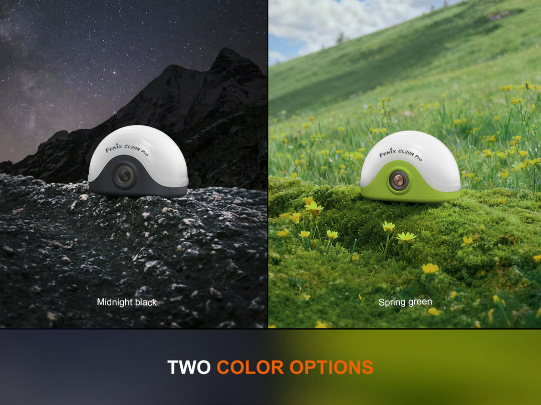 Two spherical Fenix CL20R Pro camping lanterns, one black and one green, on a mountain and grass background with text indicating color options.