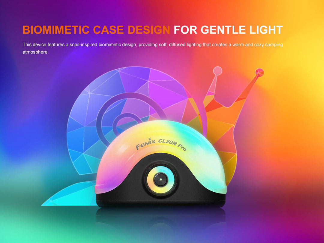 Fenix CL20R Pro camping lantern with snail design in the background