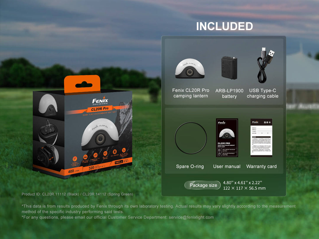 Fenix CL20R Pro camping lantern packaging with included items displayed on a grassy field background