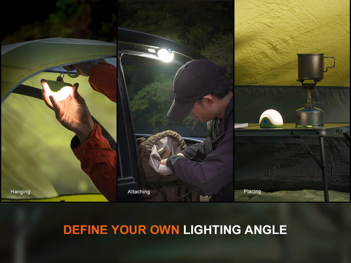 Collage of a person setting up a Fenix CL20R Pro camping lantern with text 'Define Your Own Lighting Angle'.