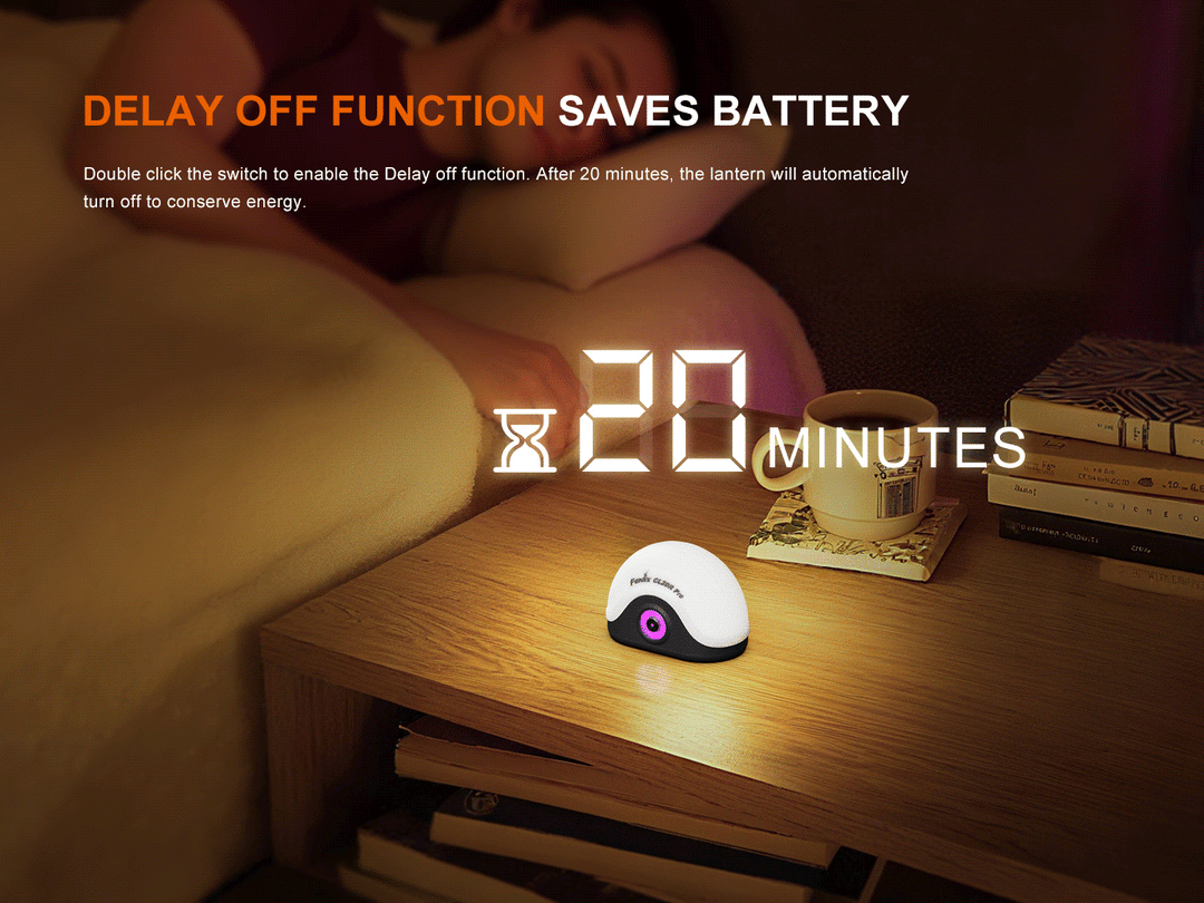 A gif showing the delay-off feature of the Fenix CL20R Pro camping lantern 