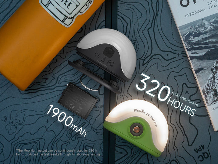 Two Fenix CL20R Pro camping lanterns on a topographic map with battery information displayed.