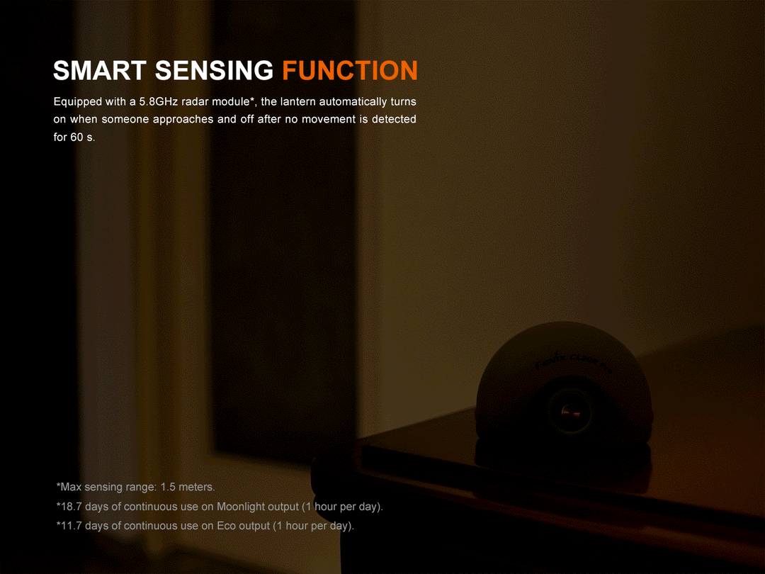 A Fenix CL20R Pro camping lantern turning on automatically as a person walks into a room