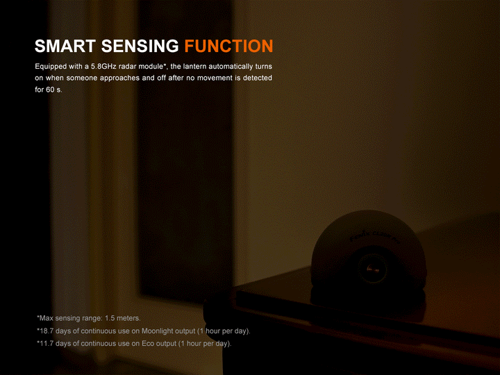 A Fenix CL20R Pro camping lantern turning on automatically as a person walks into a room