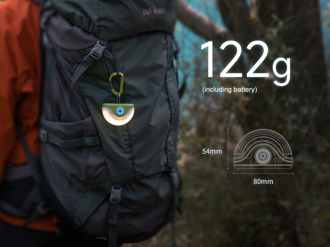 Backpack with a small Fenix CL20R Pro camping lantern attached, showing weight and dimensions on a natural background.