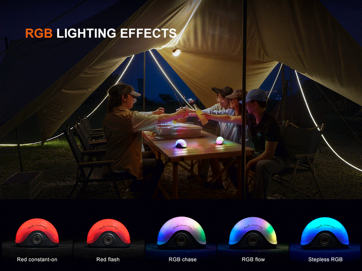 A GIF showing the different RGB lighting modes of the Fenix CL20R V2 camping lantern 