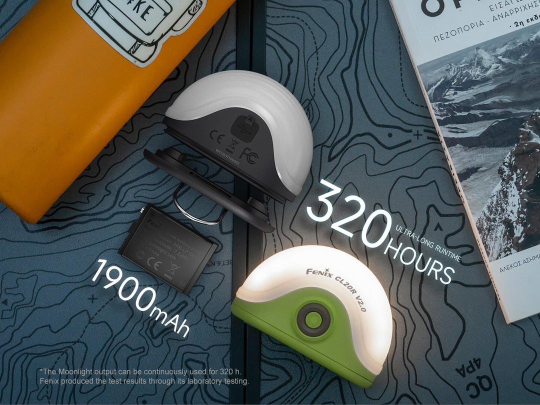 Two Fenix CL20R V2 camping lanterns on a topographic map with text indicating battery life and capacity.