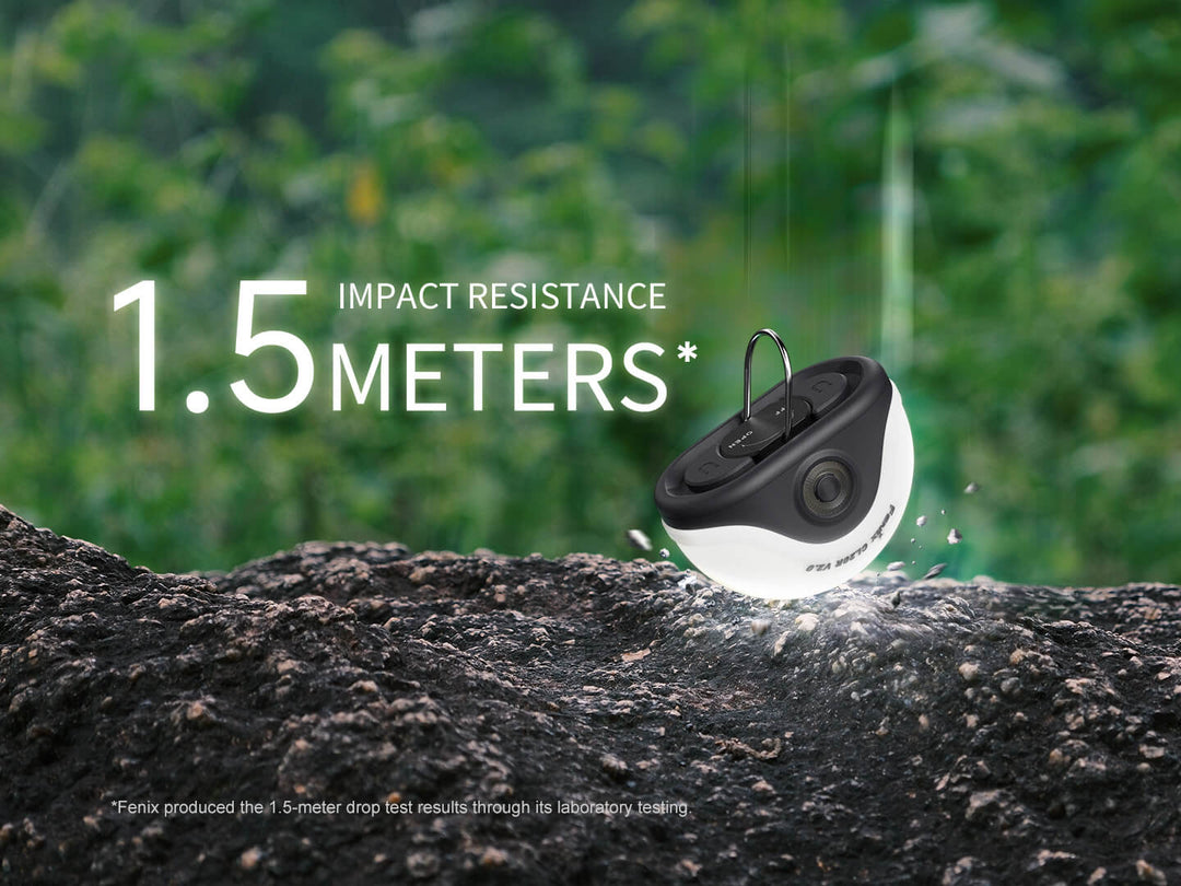 Fenix CL20R V2 camping lantern being dropped from a height of 1.5 meters onto a rock with a green outdoor background.