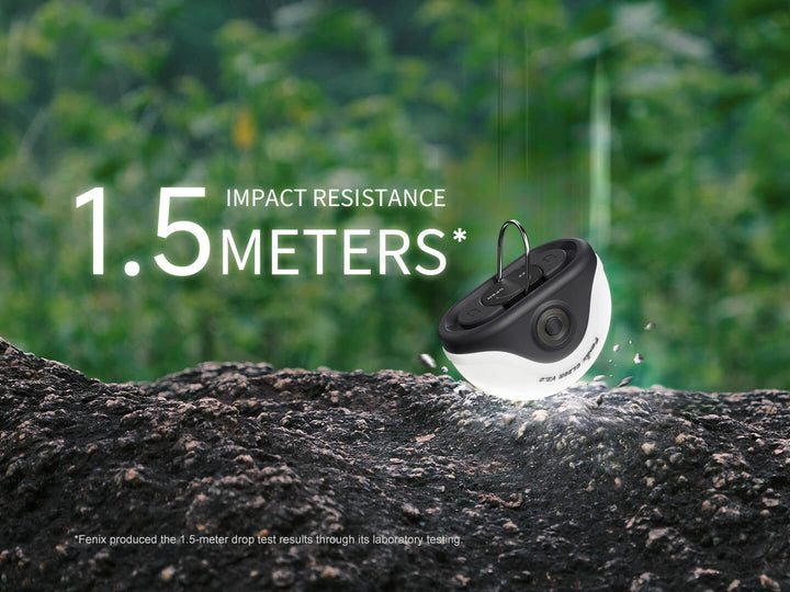 Fenix CL20R V2 camping lantern being dropped from a height of 1.5 meters onto a rock with a green outdoor background.