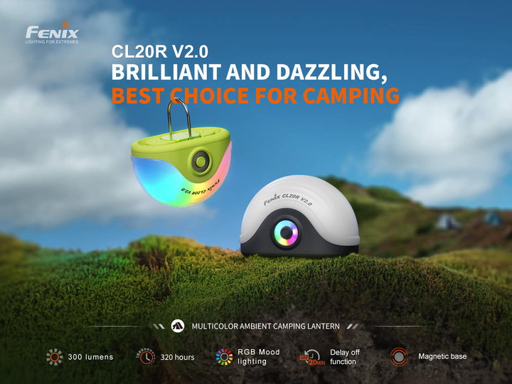 Multicolor ambient camping lantern with RGB mood lighting on grass against a blue sky.