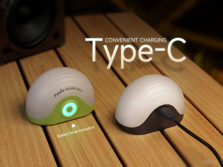 Two Fenix CL20R V2 camping lanterns on a wooden surface with 'Type-C' charging text.