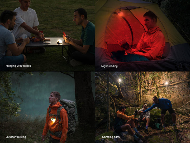 Collage of people camping, reading, and hiking with a focus on using the Fenix CL20R V2 camping lantern during outdoor activities.