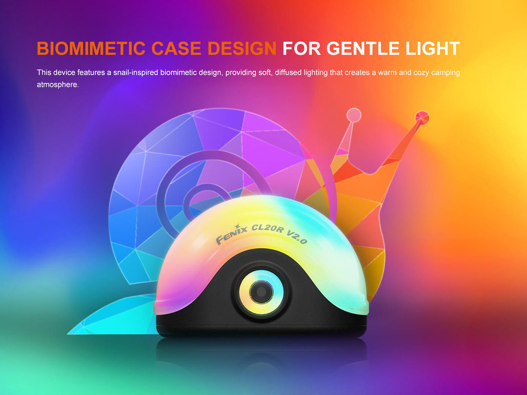 Colorful snail-shaped Fenix CL20R V2 camping lantern with text about biomimetic case design on a gradient background