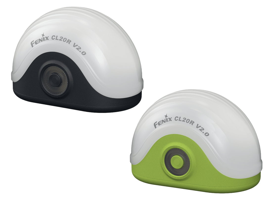 Two versions of a Fenix CL20R V2.0 device, one white and black, one green and white, on a white background.