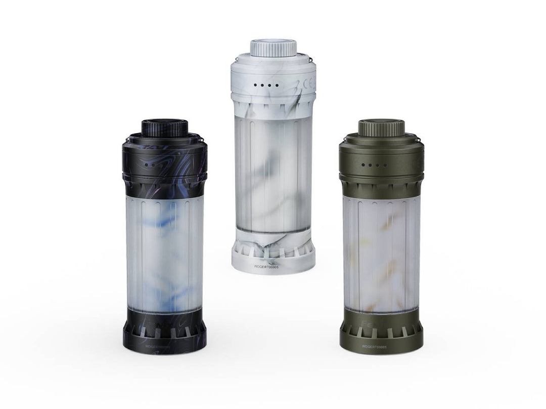 Three Fenix CL22R camping lanterns in different colors (black, silver, and green) displayed vertically.