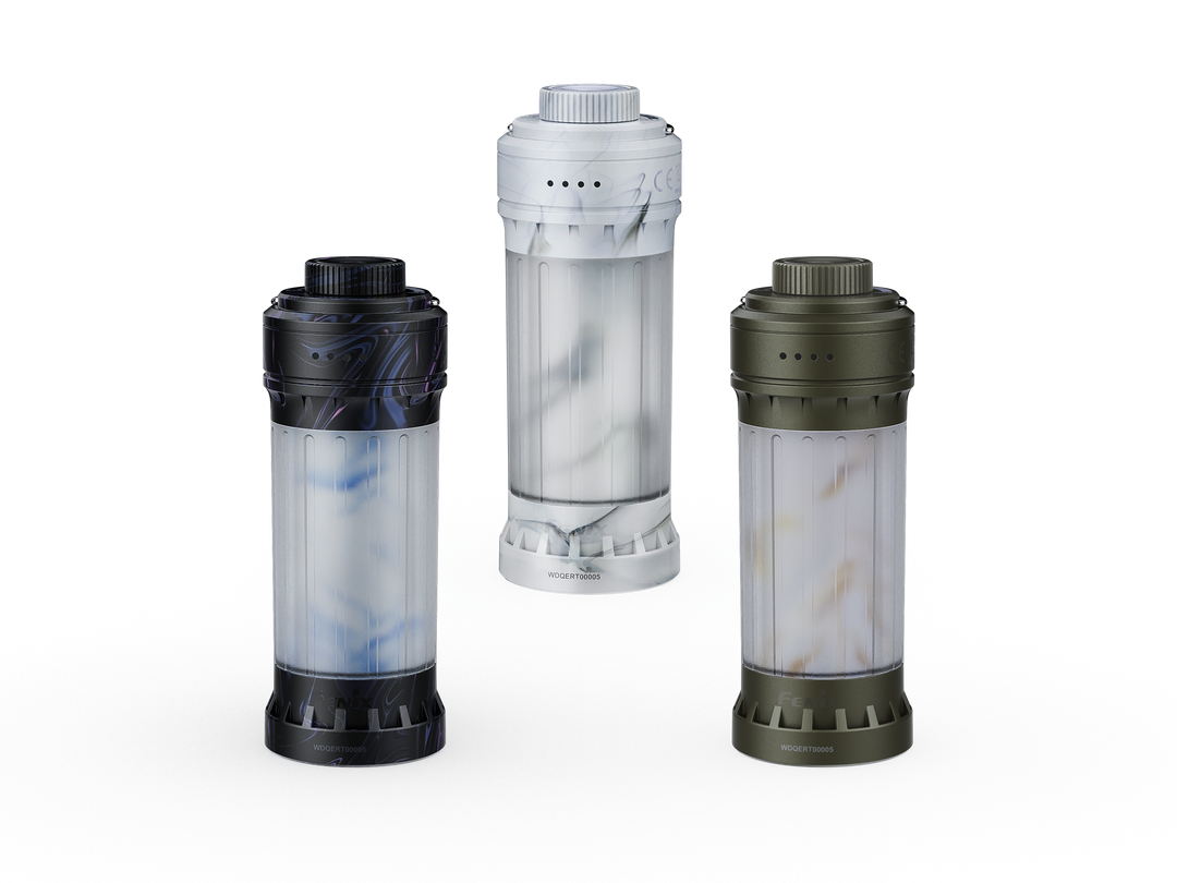 Three Fenix CL22R camping lanterns in different colors (black, silver, and green) displayed vertically.