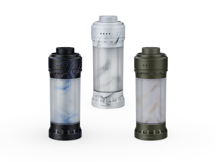 Three Fenix CL22R camping lanterns in different colors (black, silver, and green) displayed vertically.