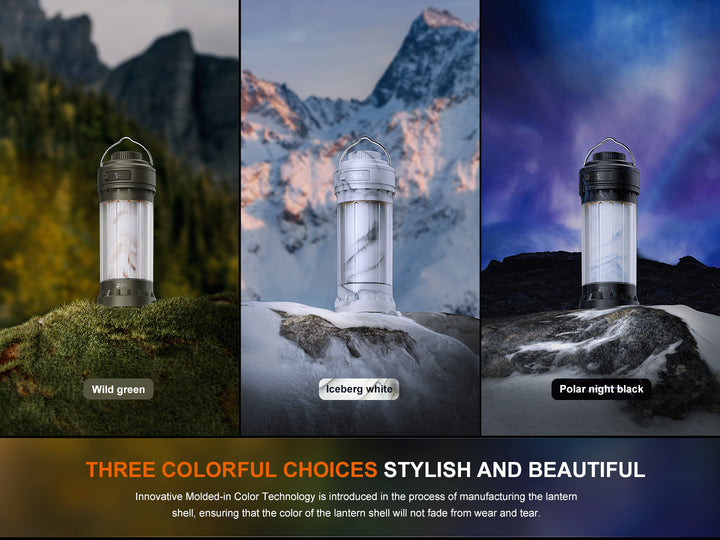 Several photos of the Fenix CL22R camping lantern in various environments