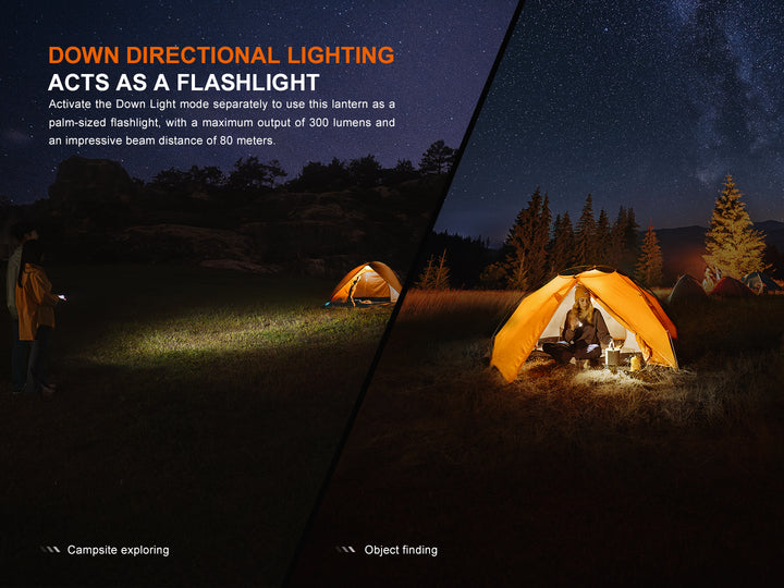 Fenix CL22R camping lantern used as a flashlight with downward directional lighting