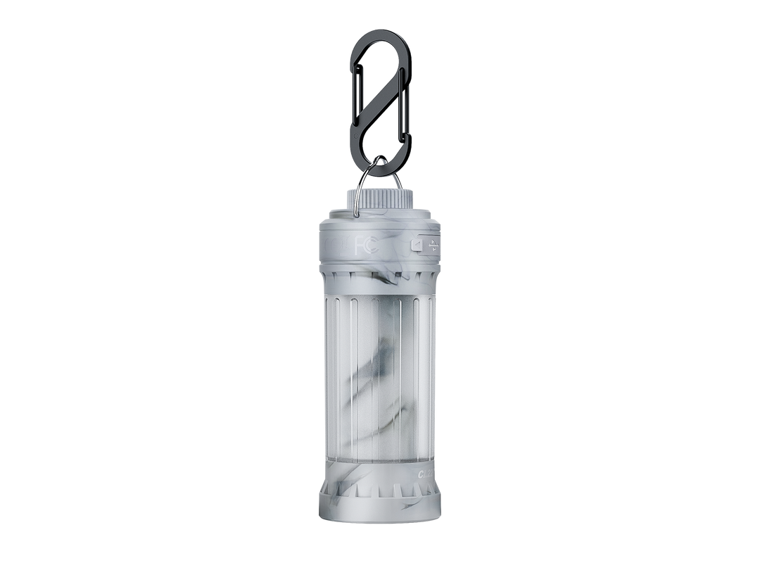 Fenix CL22R camping lantern attached to a hook