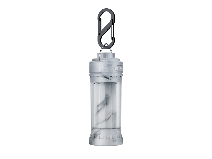 Fenix CL22R camping lantern attached to a hook