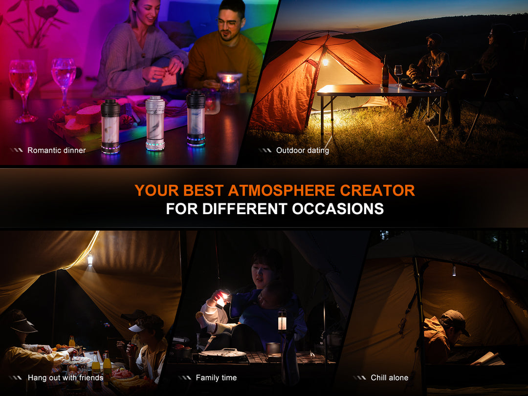 Several photos depicting the Fenix CL22R camping lantern used for a variety of occasions