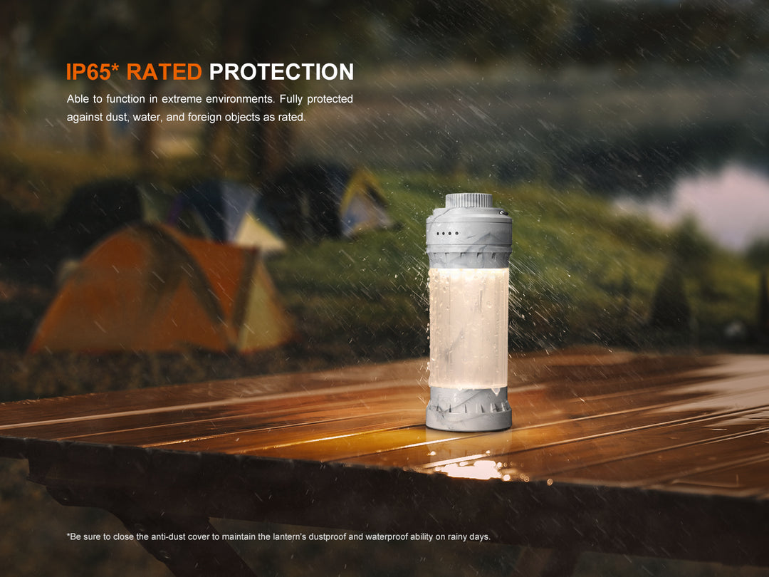 Fenix CL22R camping lantern on a picnic table in the rain