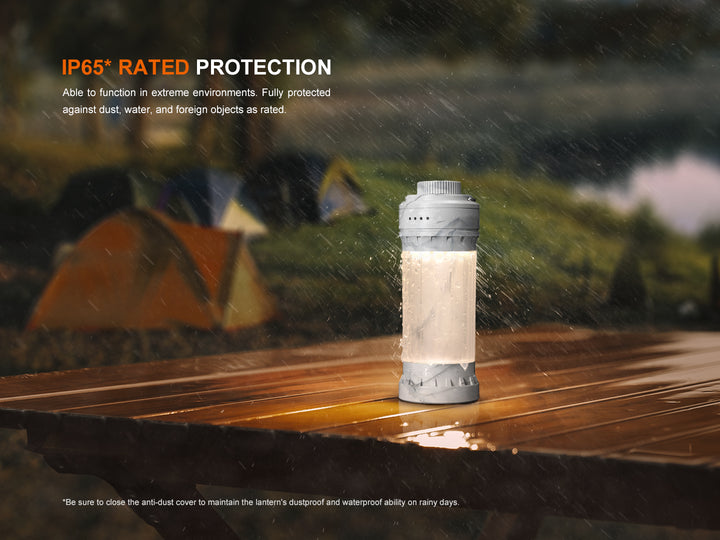 Fenix CL22R camping lantern on a picnic table in the rain