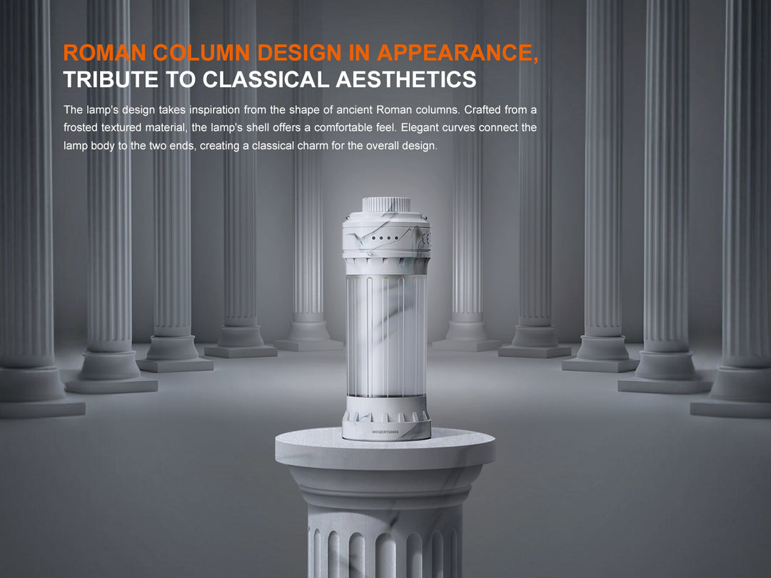 A white Fenix CL22R camping lantern sitting on a white marble pillar