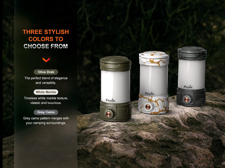 Fenix CL26R PRO rechargeable camping lantern in three colors on stone