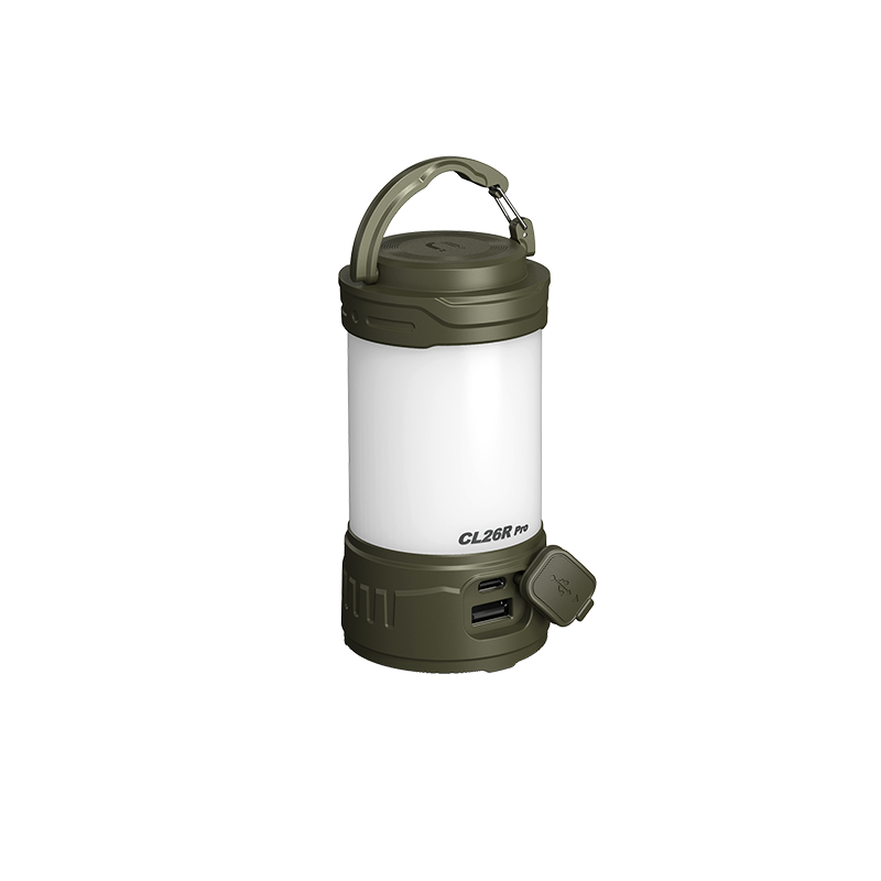 Fenix CL26R PRO rechargeable camping lantern in green with charging port open