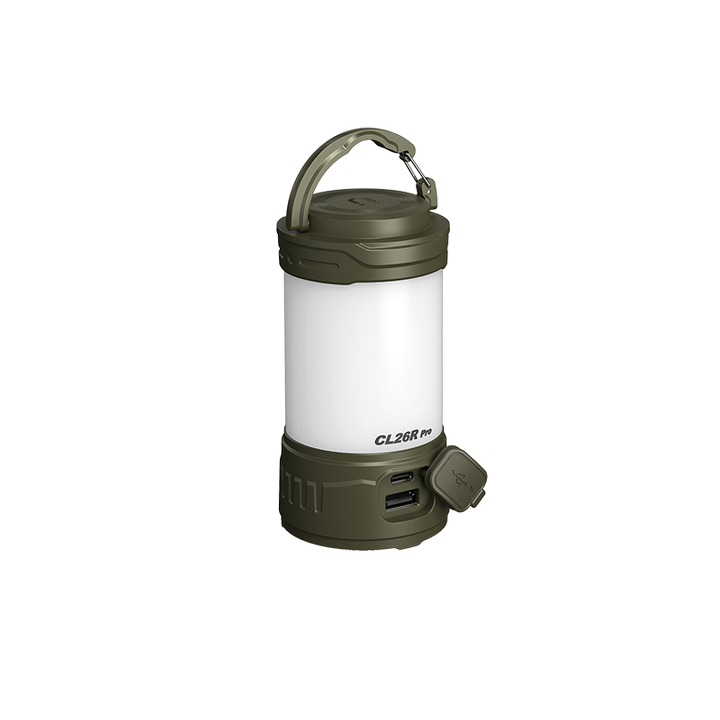 Fenix CL26R PRO rechargeable camping lantern in green with charging port open