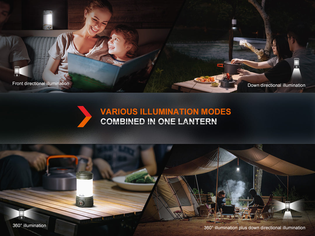 Several photos showing the different lighting modes of the Fenix CL26R PRO rechargeable camping lantern 