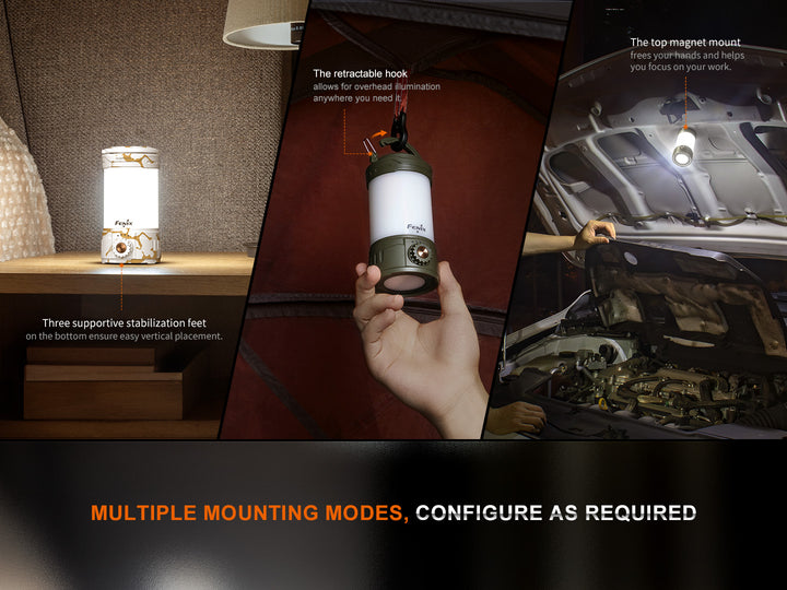 Several photos showing the mounting options of the Fenix CL26R PRO rechargeable camping lantern 