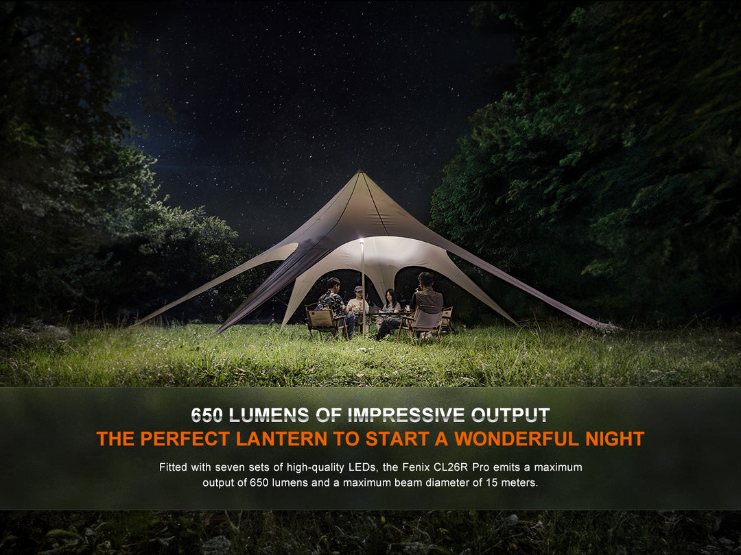 A wide shot showing the range and brightness of the Fenix CL26R PRO rechargeable camping lantern used under a large tent