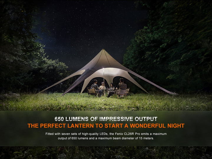 A wide shot showing the range and brightness of the Fenix CL26R PRO rechargeable camping lantern used under a large tent