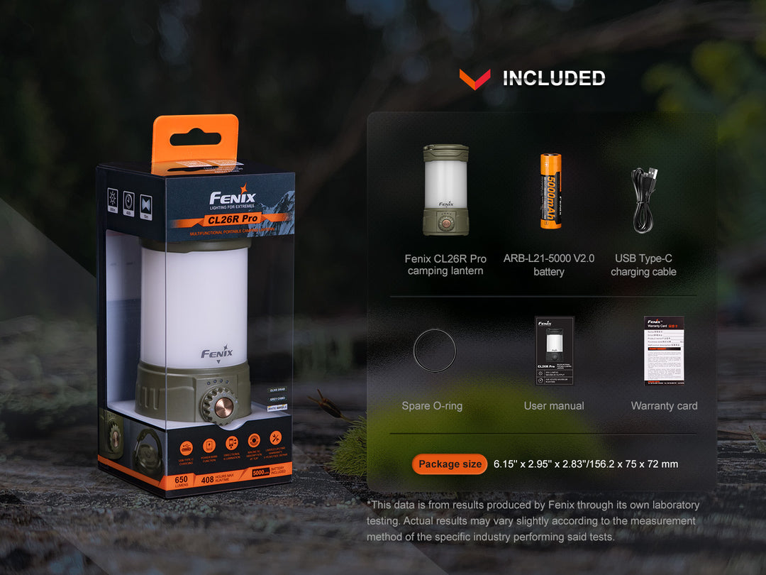 Fenix CL26R PRO rechargeable camping lantern in packaging along with the included accessories