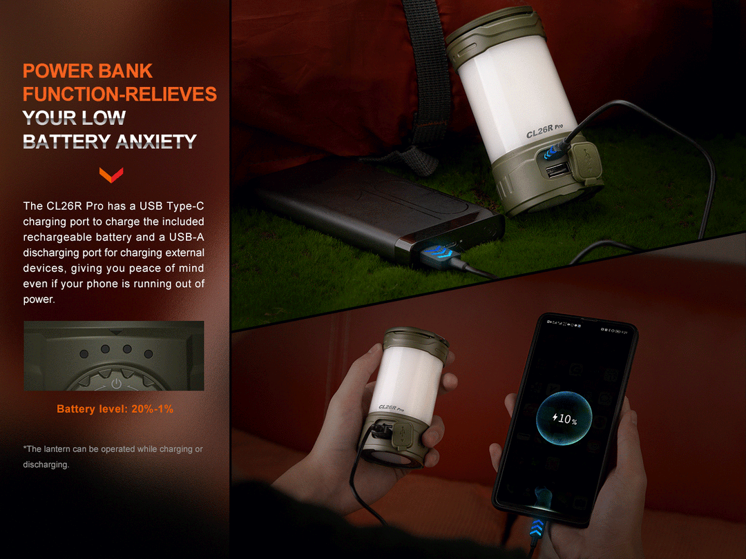 A GIF showing the Fenix CL26R PRO rechargeable camping lantern being used as a powerbank to charge a phone
