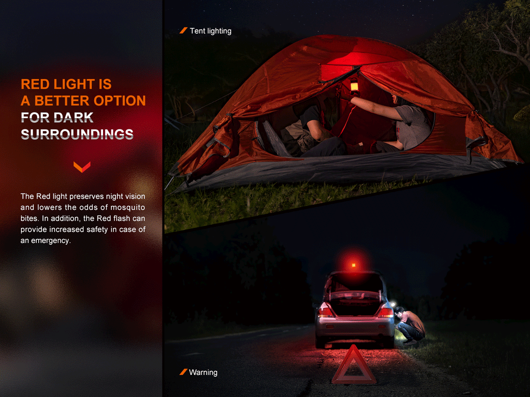 A GIF showing the red lighting modes of the Fenix CL26R PRO rechargeable camping lantern 