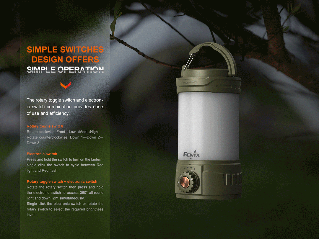 A GIF showing the rotary switch operation of the Fenix CL26R PRO rechargeable camping lantern hanging from a tree branch