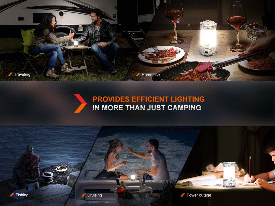 Multiple images showing different use cases for the Fenix CL26R PRO rechargeable camping lantern 