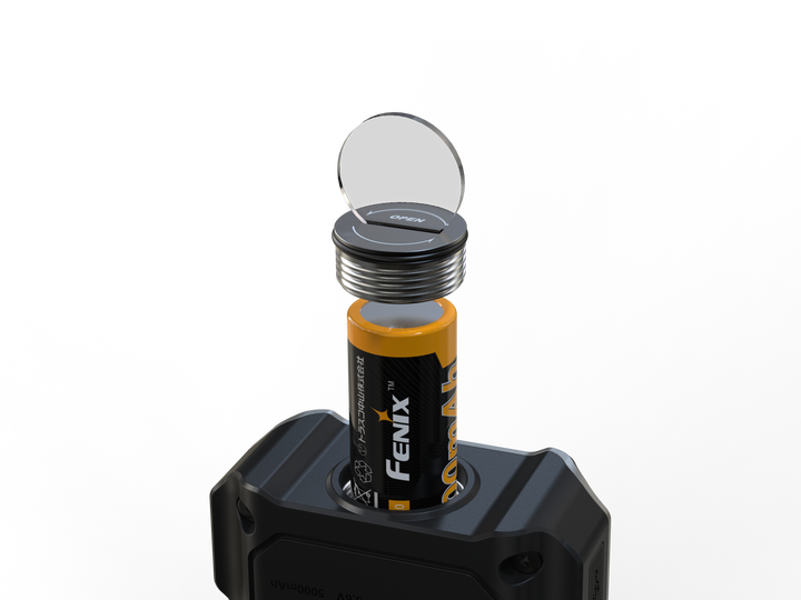 The battery cap of the Fenix CL27R multifunctional outdoor lantern being opened with a battery being removed