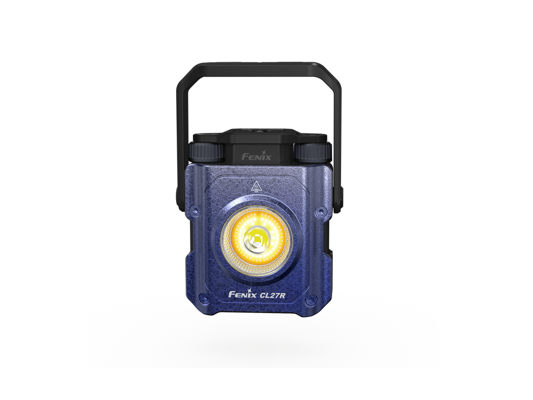 Fenix CL27R multifunctional outdoor lantern in blue as viewed from the front with the handle extended