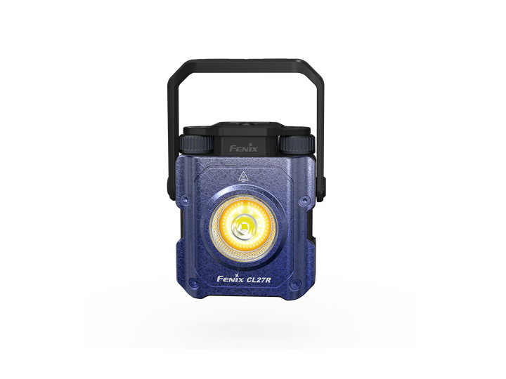 Fenix CL27R multifunctional outdoor lantern in blue as viewed from the front with the handle extended