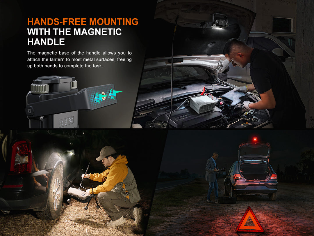 Several photos showing the different uses of the magnetic base on the Fenix CL27R multifunctional outdoor lantern 