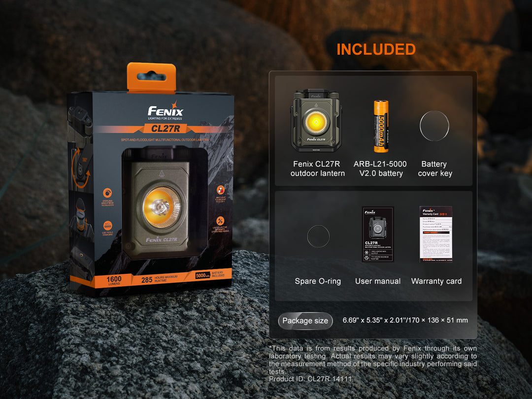 Fenix CL27R multifunctional outdoor lantern in packaging with included accessories