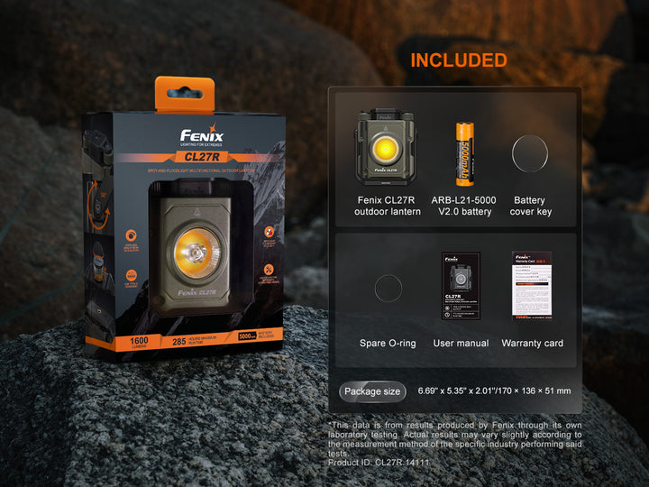 Fenix CL27R multifunctional outdoor lantern in packaging with included accessories